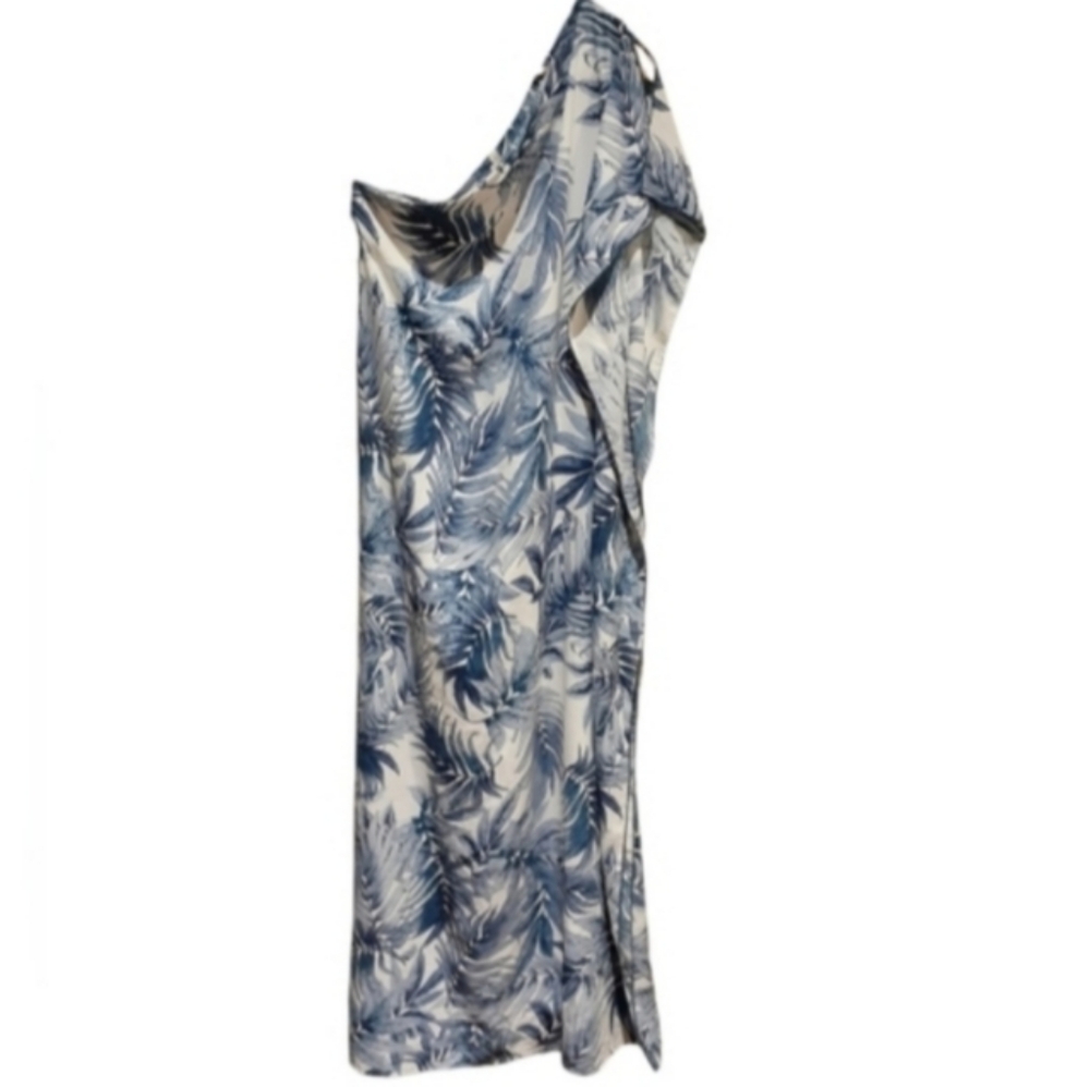 Tyche Women's Maxi Dress Blue White Tropical Print Beach One Shoulder Size Large